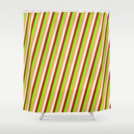 [ Thumbnail: Brown, Beige, Red, and Chartreuse Colored Stripes/Lines Pattern Shower Curtain ]