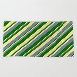 [ Thumbnail: Slate Gray, Dark Green & Tan Colored Lines/Stripes Pattern Beach Towel ]