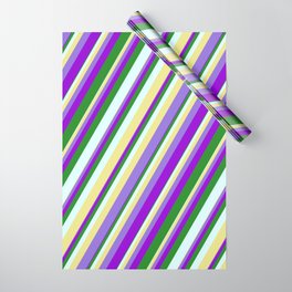 [ Thumbnail: Vibrant Tan, Purple, Dark Violet, Forest Green & Light Cyan Colored Stripes Pattern Wrapping Paper ]