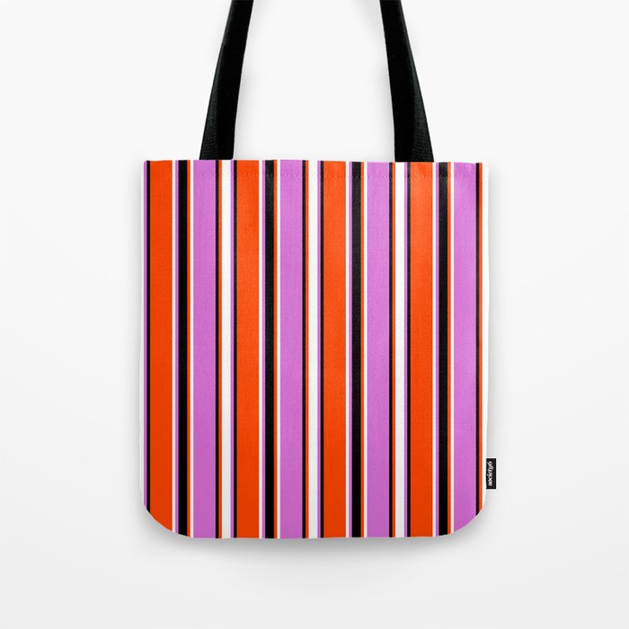 Red, Black, Orchid, and White Colored Stripes Pattern Tote Bag