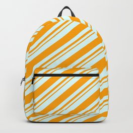 [ Thumbnail: Light Cyan and Orange Colored Lined/Striped Pattern Backpack ]