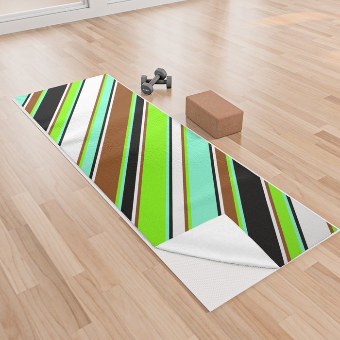 Aquamarine, Chartreuse, Brown, White, and Black Colored Striped/Lined Pattern Yoga Towel