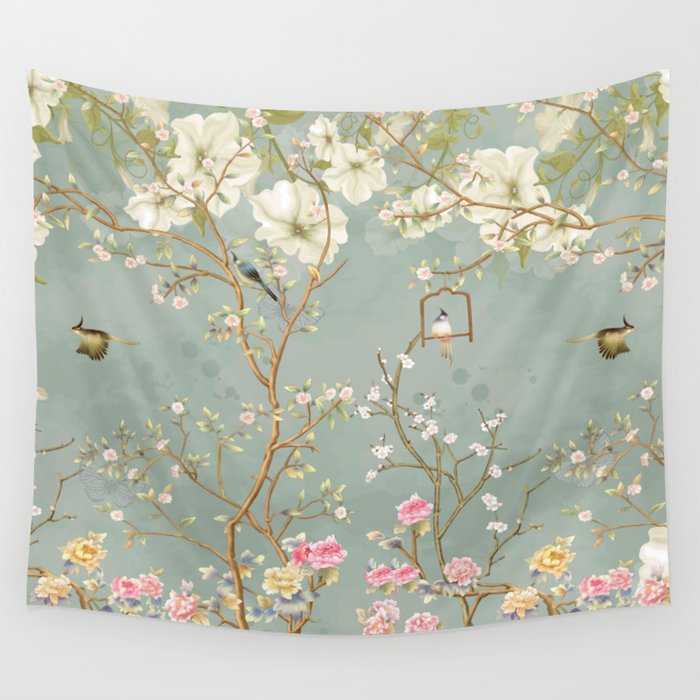 Romantic Chinoiserie Pearl Garden Wall Tapestry