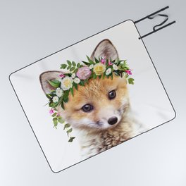 Baby Fox with Flower Crown, Baby Girl, Pink Nursery, Baby Animals Art Print by Synplus Picnic Blanket
