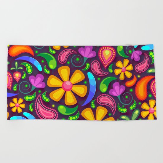 Brightly Colored Yellow Floral Pattern Beach Towel