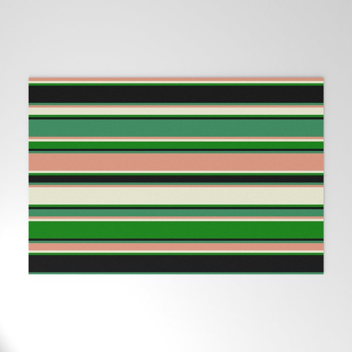 Eye-catching Sea Green, Dark Salmon, Beige, Green, and Black Colored Lined Pattern Welcome Mat