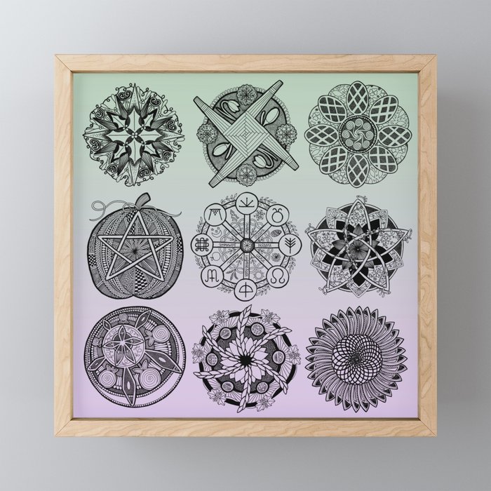 The Wheel Of The Year Mandala Set, Green And Purple Framed Mini Art Print