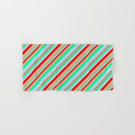 [ Thumbnail: Red, Tan, Green, and Light Blue Colored Lines Pattern Hand & Bath Towel ]