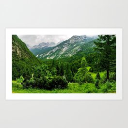 slovenia, mountains, wood, trees, cloudy Art Print