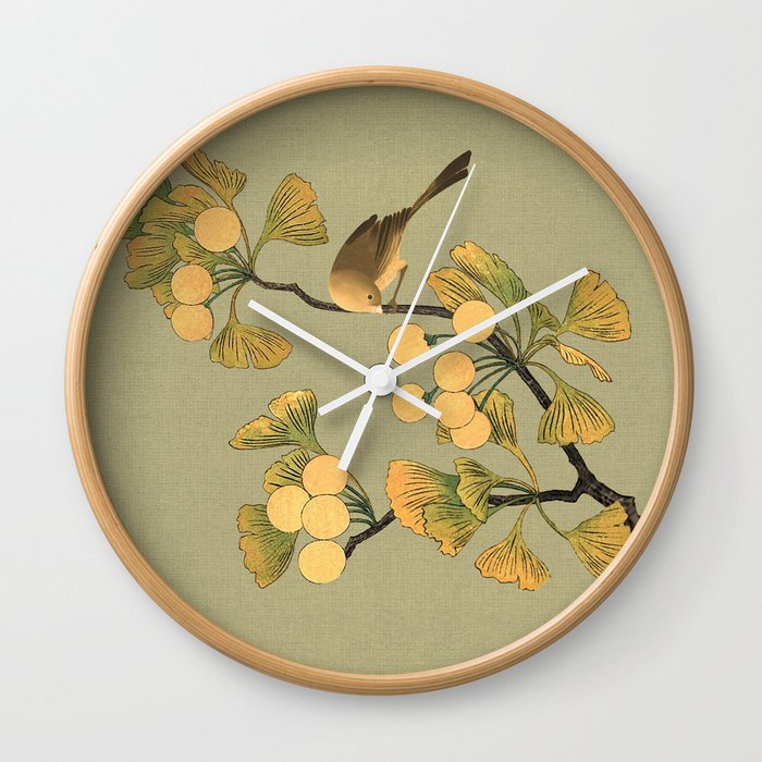 Bird in Ginkgo Tree Wall Clock