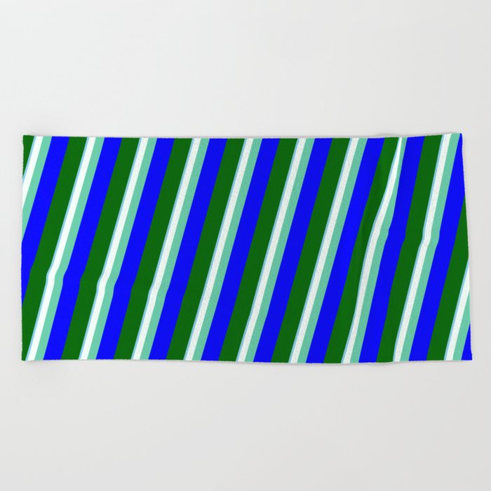 Colorful Sky Blue, Mint Cream, Aquamarine, Blue & Dark Green Colored Striped/Lined Pattern Beach Towel