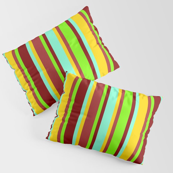 Yellow, Aquamarine, Maroon, Green & Brown Colored Pattern of Stripes Pillow Sham