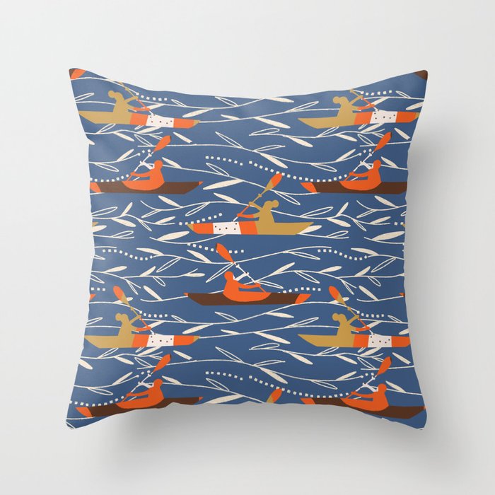 Canoeing At the Lake Sports Blue Throw Pillow