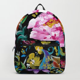 Colorful floral abstraction #1 acrylic painting flowers on a black background Backpack