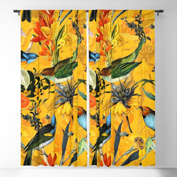 Vintage Flowers And Colorful Birds In Exotic Yellow Botanical Garden Blackout Curtain