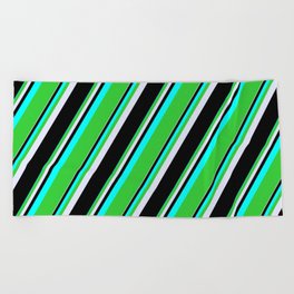 [ Thumbnail: Cyan, Lime Green, Lavender, and Black Colored Pattern of Stripes Beach Towel ]