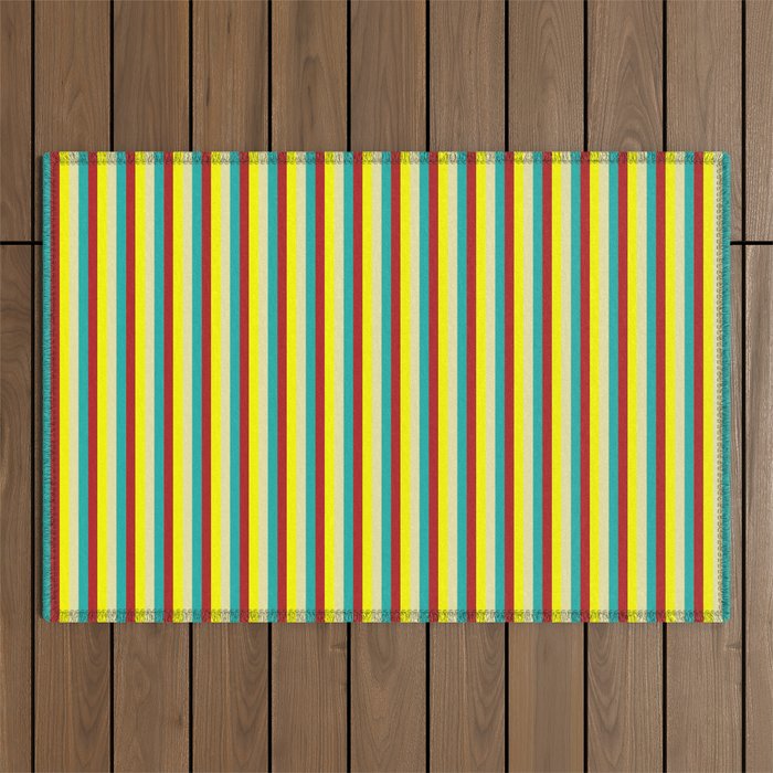 Pale Goldenrod, Yellow, Red, and Light Sea Green Colored Stripes/Lines Pattern Outdoor Rug