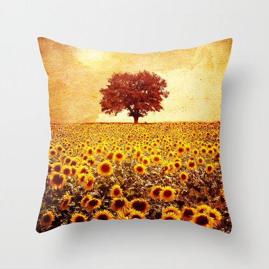 lone tree & sunflowers field Throw Pillow