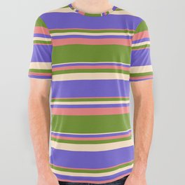 [ Thumbnail: Light Coral, Green, Bisque & Slate Blue Colored Striped/Lined Pattern All Over Graphic Tee ]
