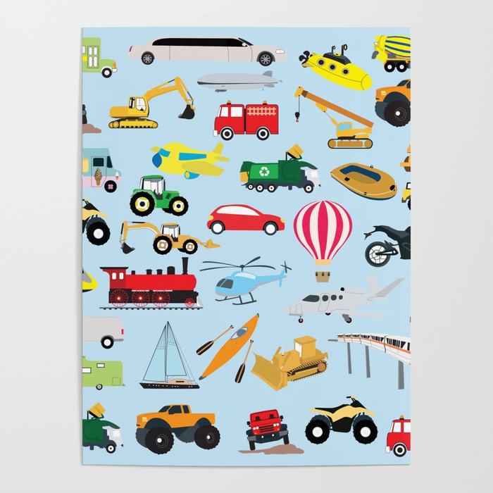 Colorful Transportation & Vehicles Kids Pattern Poster