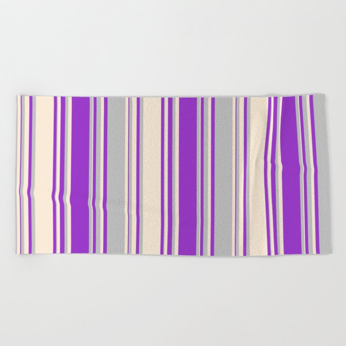 Grey, Dark Orchid & Beige Colored Stripes/Lines Pattern Beach Towel