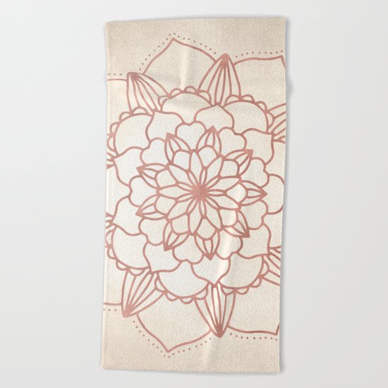 Mandala Bloom Rose Gold on Cream Beach Towel