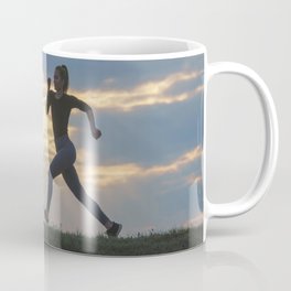 Running woman morning workout. Female Runner. Jogging during sunrise. Workout in a Park. Sporty Coffee Mug