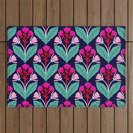 Hand drawn folk art floral pattern in pink and red Outdoor Rug