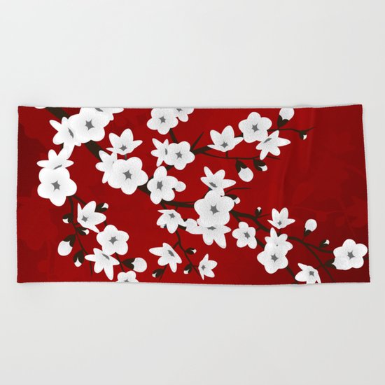 Red Black And White Cherry Blossoms Beach Towel