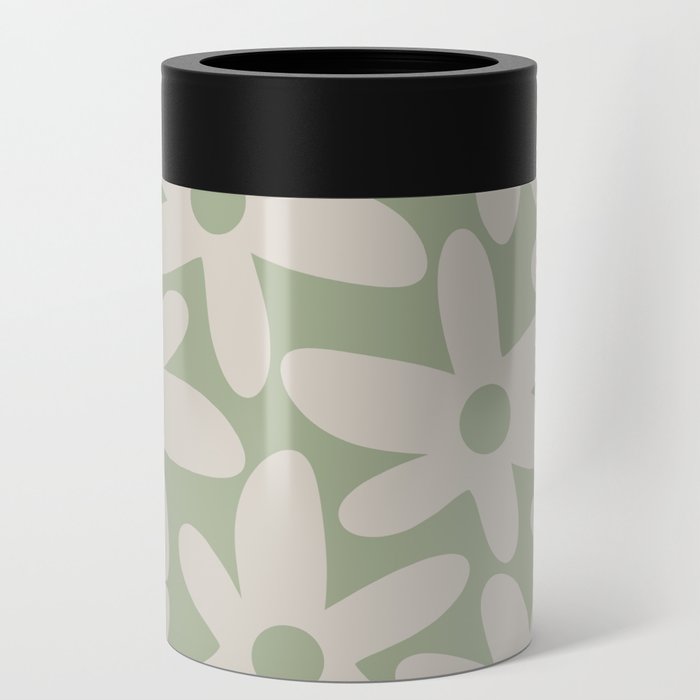 Daisy Time Retro Floral Pattern in Sage Green and Beige Can Cooler