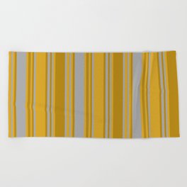 [ Thumbnail: Dark Gray, Dark Goldenrod, and Goldenrod Colored Pattern of Stripes Beach Towel ]