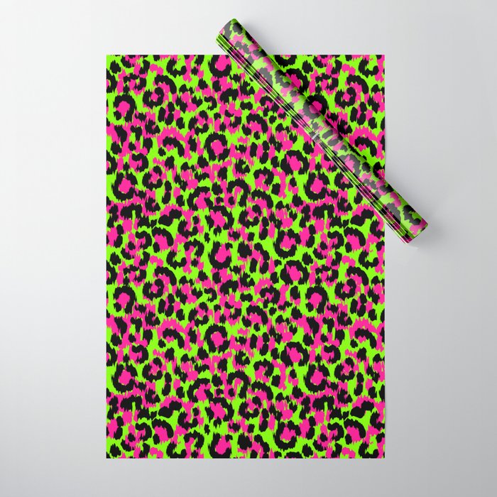 80s Punk Rock Neon Pink & Green Leopard Wrapping Paper