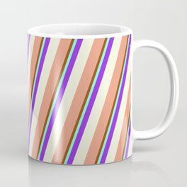 [ Thumbnail: Vibrant Brown, Aquamarine, Purple, Beige & Dark Salmon Colored Lined Pattern Coffee Mug ]