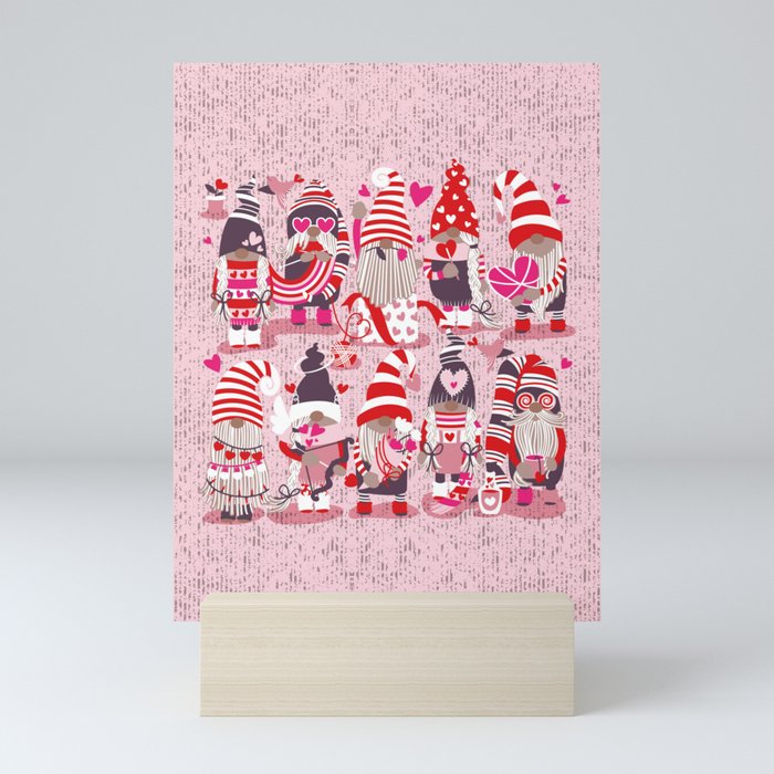 I gnome you more // pastel pink background red and pink Valentine's Day gnomes and motifs Mini Art Print