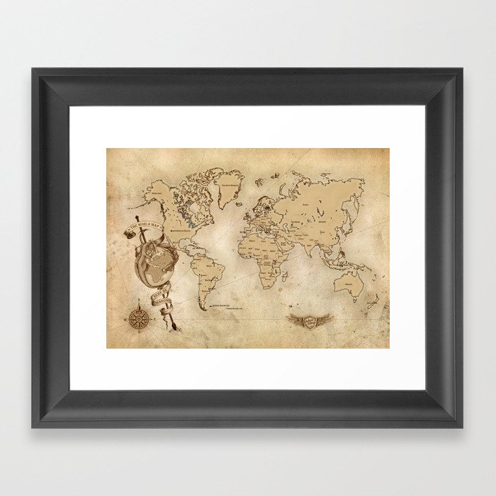 World Map (Here be Dragons!) Framed Art Print