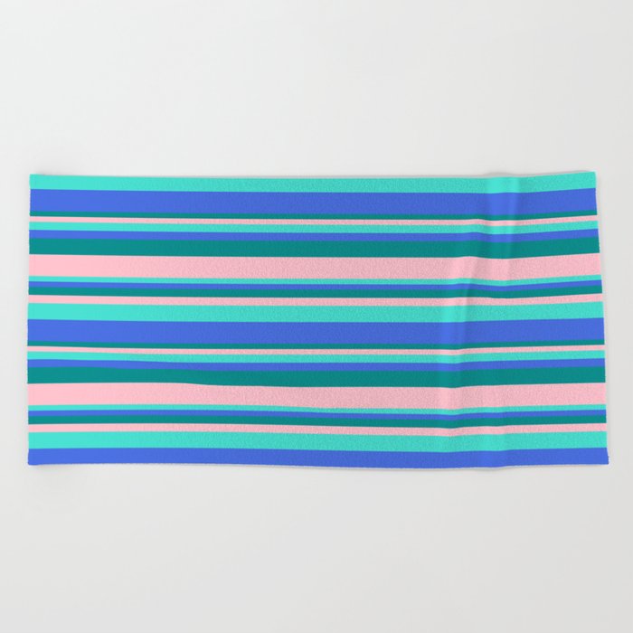 Turquoise, Royal Blue, Dark Cyan, and Pink Colored Stripes Pattern Beach Towel