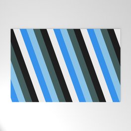 [ Thumbnail: Dark Slate Gray, Light Sky Blue, Blue, White, and Black Colored Lines Pattern Welcome Mat ]