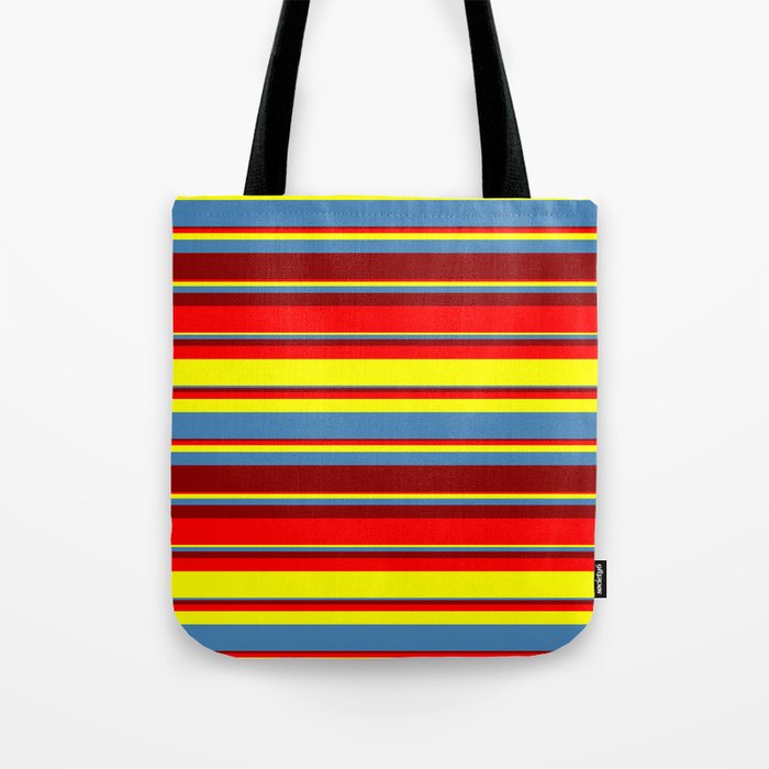 Red, Yellow, Blue & Dark Red Colored Stripes/Lines Pattern Tote Bag