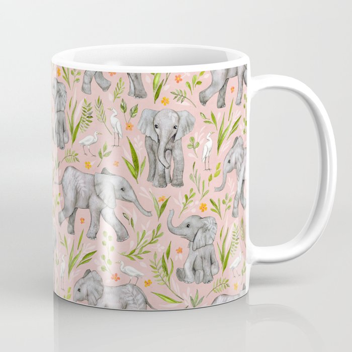 Baby Elephants and Egrets in watercolor - blush pink Coffee Mug