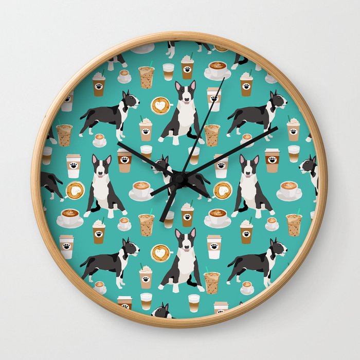 Bull Terrier coffee latte cafe dog breed cute custom pet portrait pattern Wall Clock