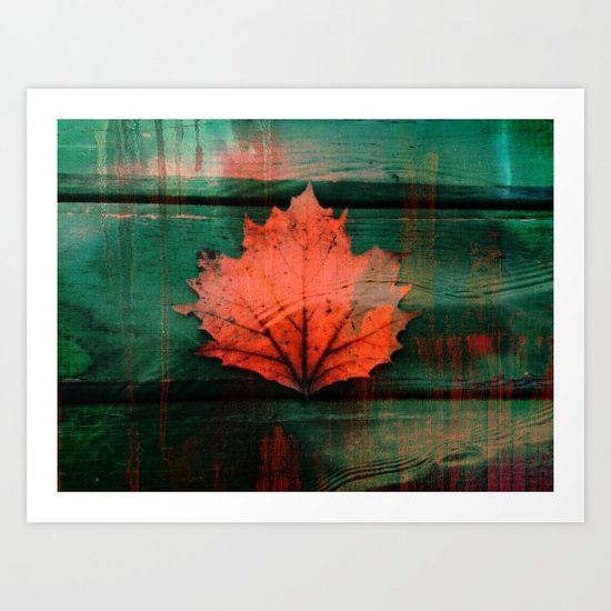 Rusty red dried fall leaf on wooden hunter green beams Art Print