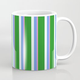 [ Thumbnail: Eyecatching Green, Violet, Cornflower Blue, Mint Cream & Forest Green Colored Pattern of Stripes Coffee Mug ]