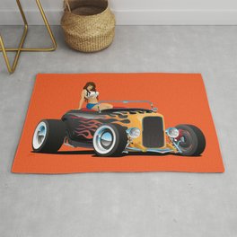 Custom Hot Rod Roadster Car with Flames and Sexy Woman Rug