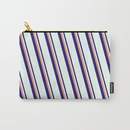 [ Thumbnail: Dark Salmon, Midnight Blue & Mint Cream Colored Stripes Pattern Carry-All Pouch ]