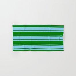 [ Thumbnail: Green and Sky Blue Colored Lined/Striped Pattern Hand & Bath Towel ]
