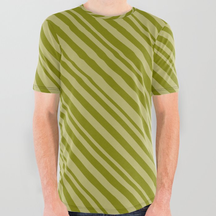 Dark Khaki and Green Colored Striped Pattern All Over Graphic Tee