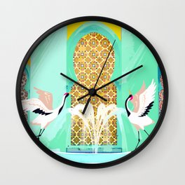 Moroccan Courtyard | Heron Animal Wildlife & Ethnic Vintage Architecture | Royal Fountain Palace Wall Clock