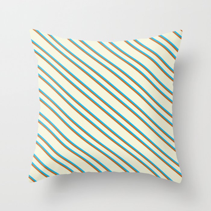 Beige, Deep Sky Blue & Chocolate Colored Lines Pattern Throw Pillow