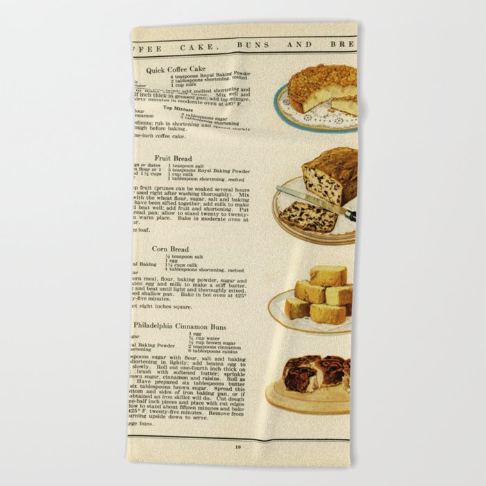 Vintage Cookbook Recipes Coffee Cake, Fruit Bread, and Cinnamon Buns  Beach Towel