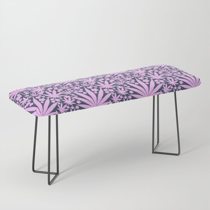 70’s Style Pastel Pink Cannabis And Flowers On Navy  Bench